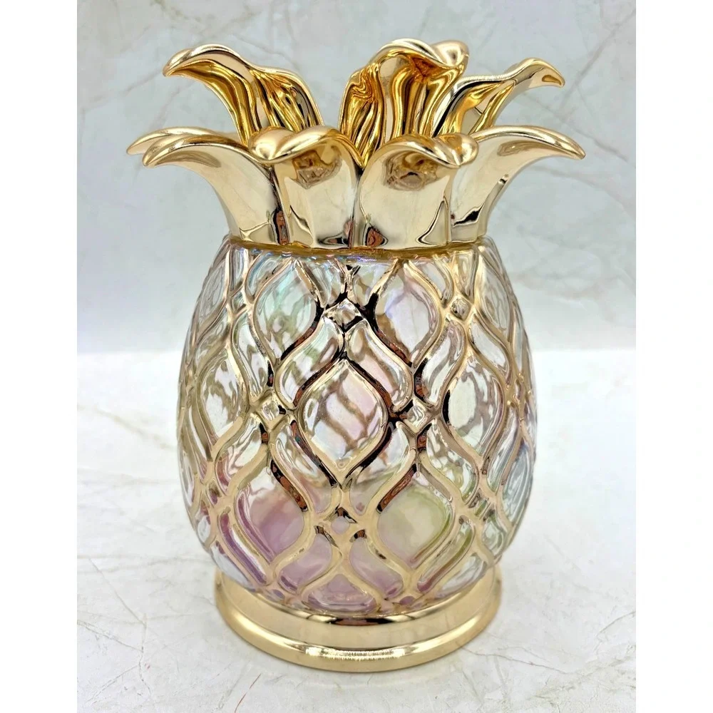 Bath & Body Works Glass Pineapple 3-Wick‎ Candle Holder Pedestal Gold Iridescent